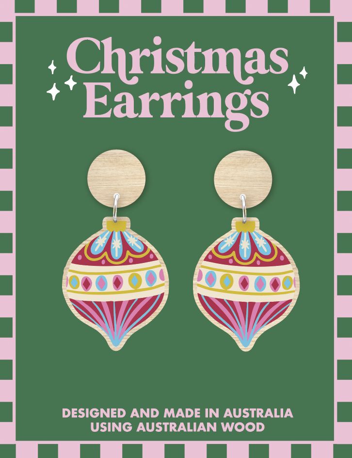 Australian Wood Christmas Earrings - Christmas Bauble