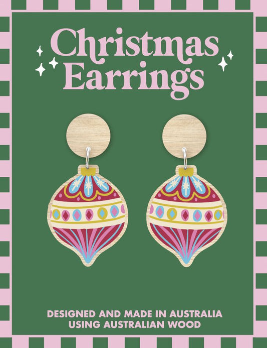 Australian Wood Christmas Earrings - Christmas Bauble