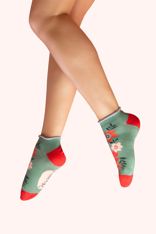 Powder Trainer Socks -Floral Spray, Olive