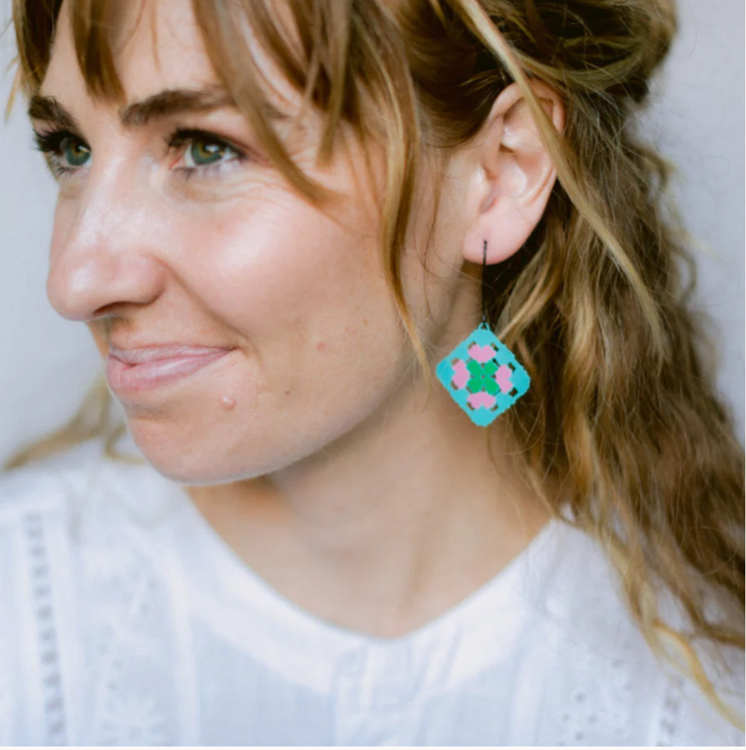 Denz earrings -Midi Granny Square Earrings - Aqua/Pink/Green