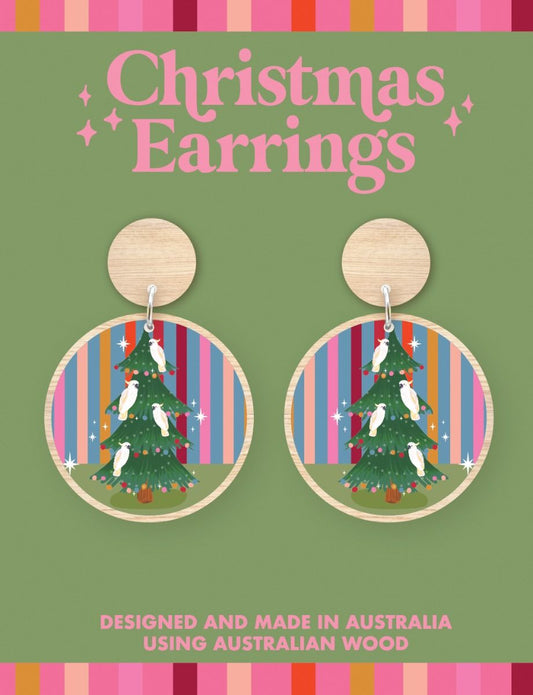 Australian Wood Christmas Earrings - Striped Tree