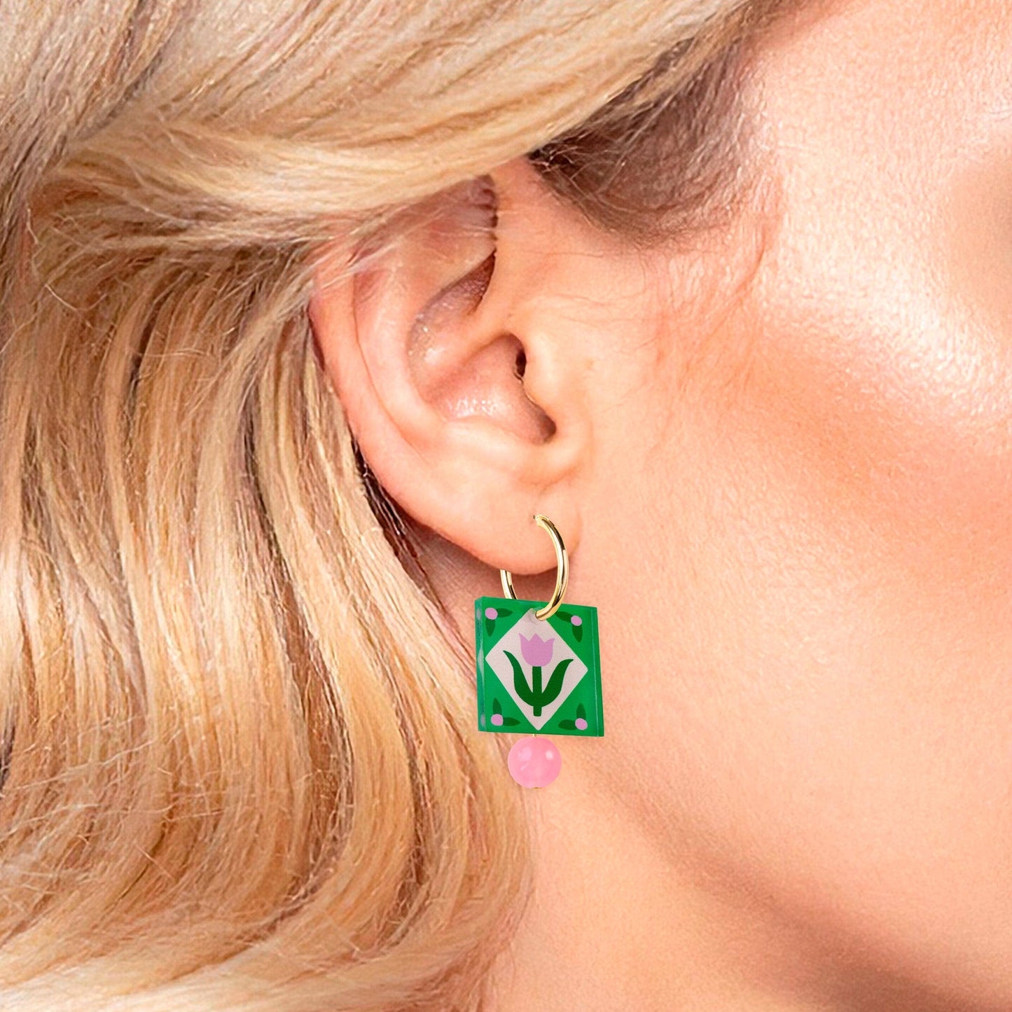 Hoop Earrings | Green Folk Floral Square Charm | Jewellery
