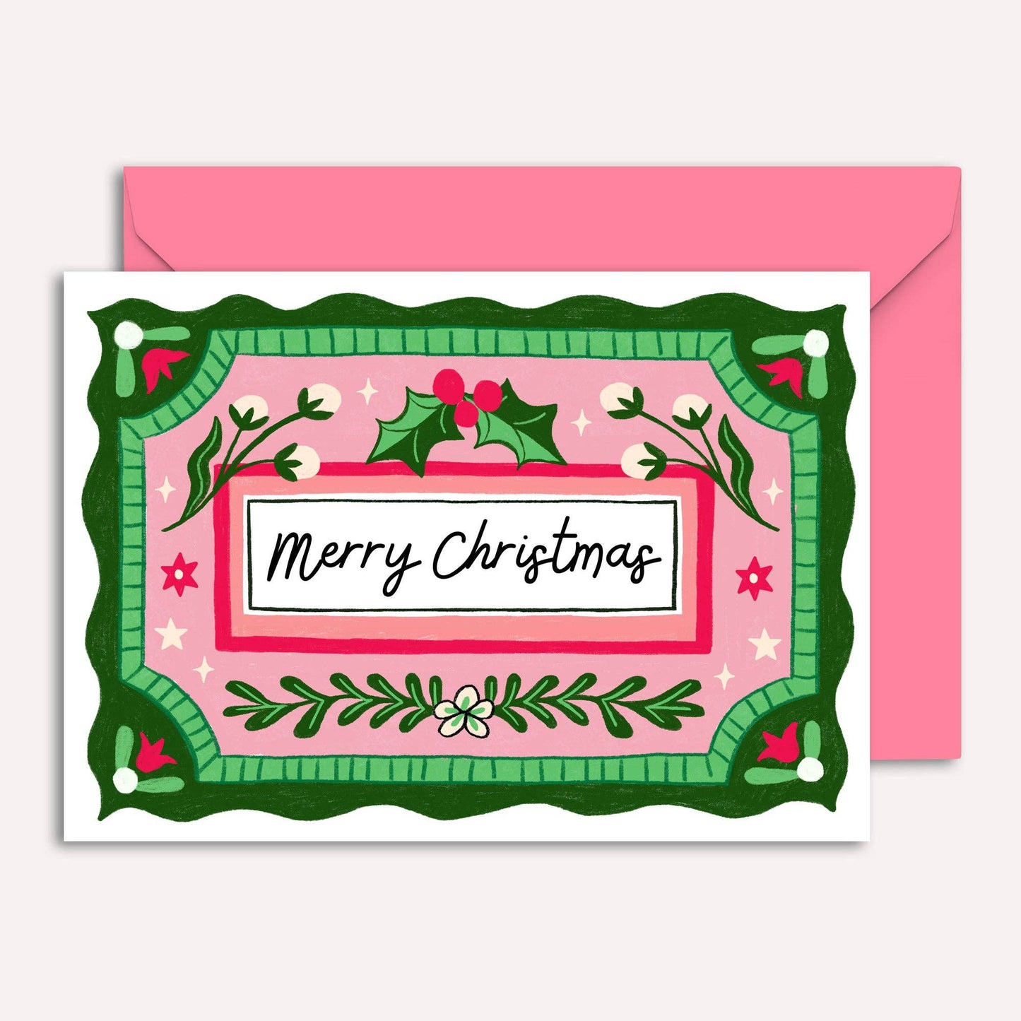 "Merry Christmas" Card | Vintage Holly Pink Illustration