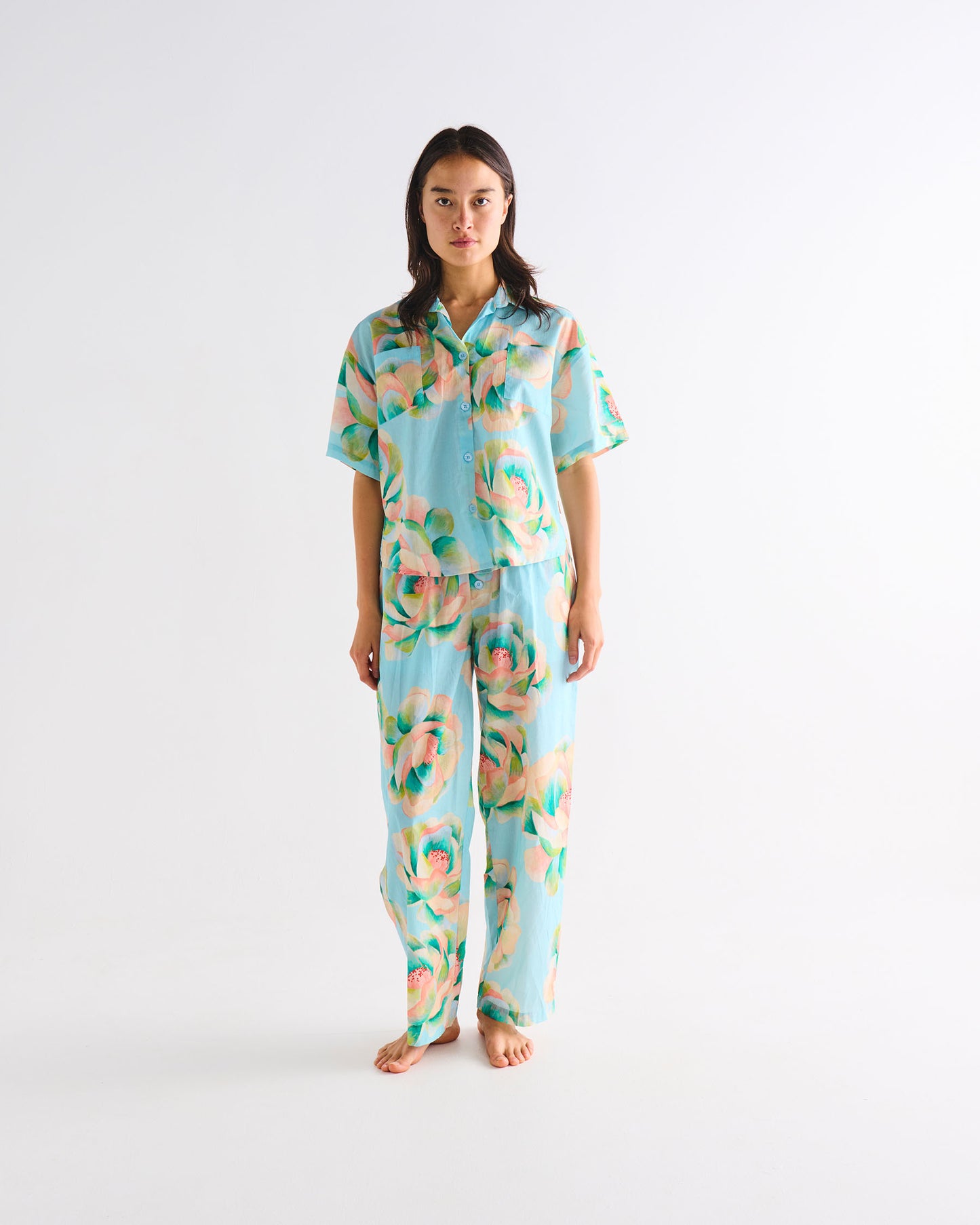 Kip and Co Organic Cotton Short Sleeve Shirt & Pant Pyjama Set - Big Beauty Floral Blue