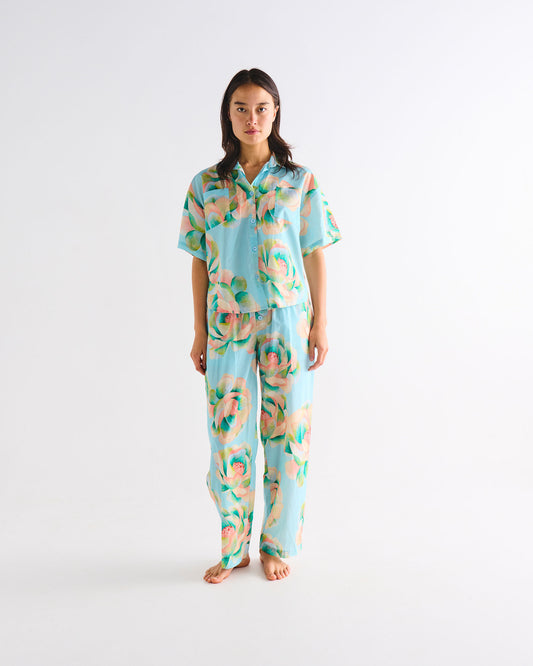 Kip and Co Organic Cotton Short Sleeve Shirt & Pant Pyjama Set - Big Beauty Floral Blue
