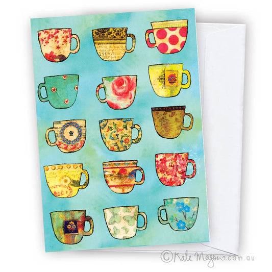 Tea Cups Pattern Aqua GREETING CARD