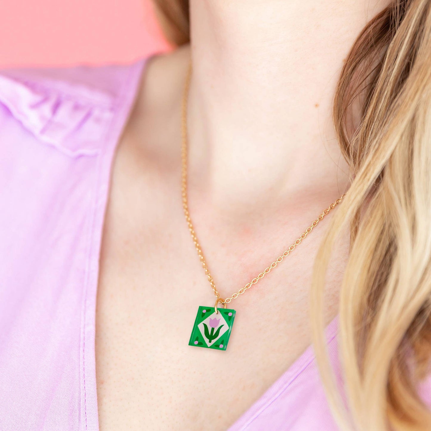 Necklace | Green Pink Floral Charm | Gold Plated Pendant