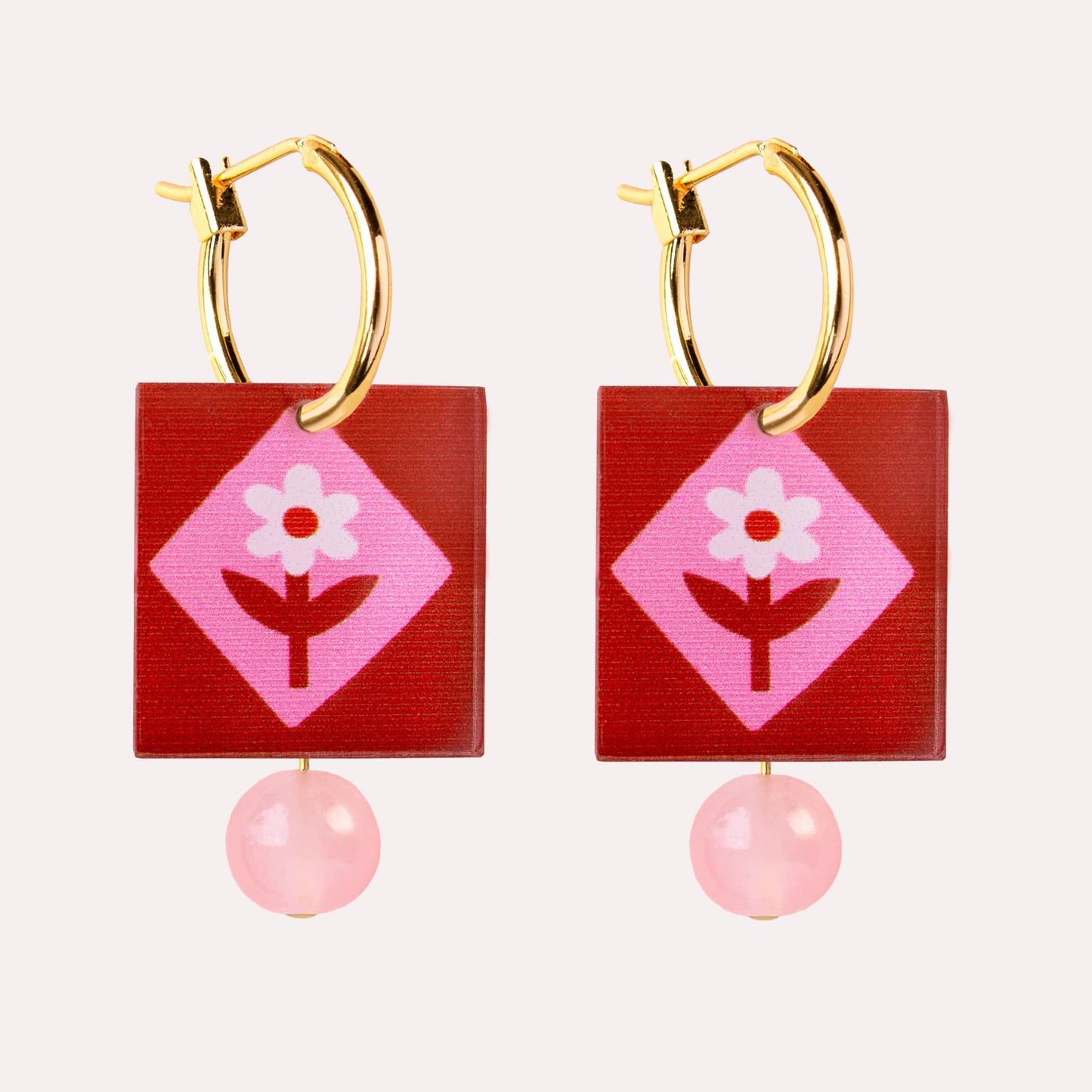 Red Pink Folk Floral Hoop Earrings Square Charm Gold Plated