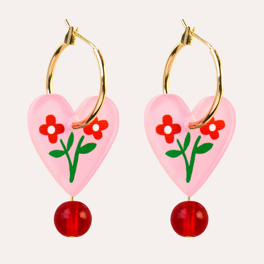 Heart Charm Hoop Earrings - Pink Floral