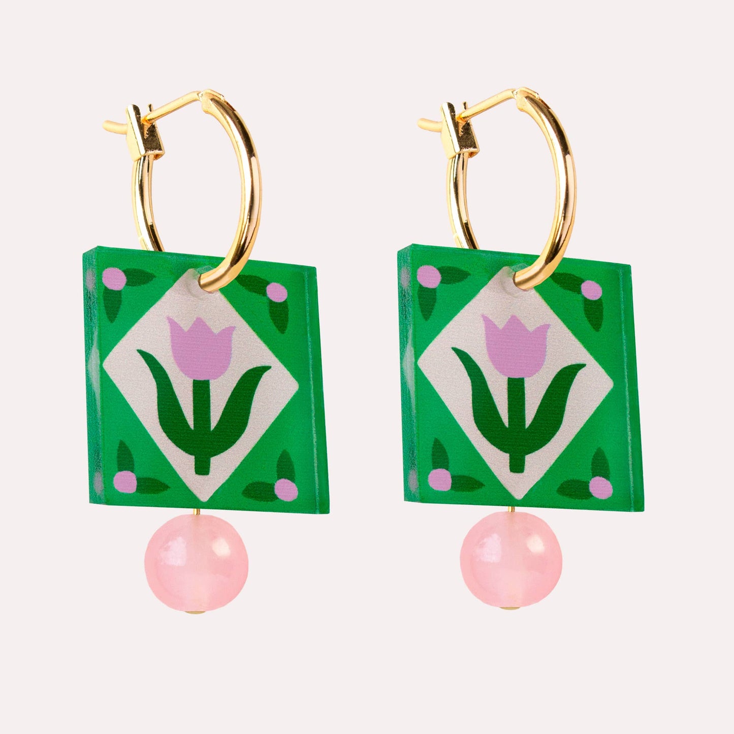 Hoop Earrings | Green Folk Floral Square Charm | Jewellery