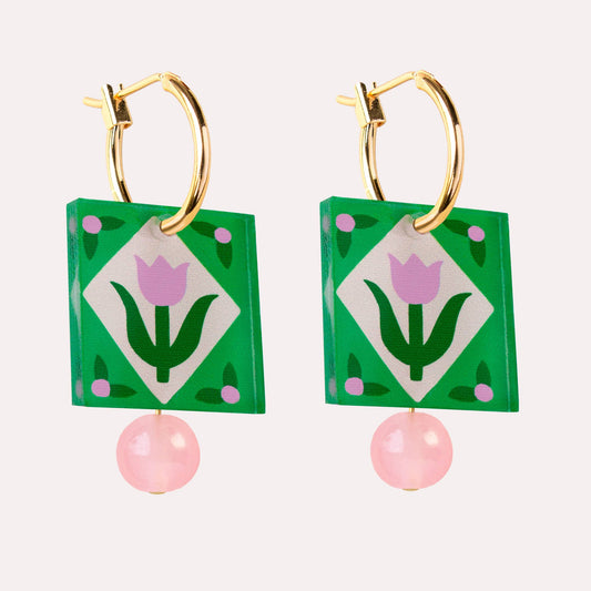 Hoop Earrings | Green Folk Floral Square Charm | Jewellery