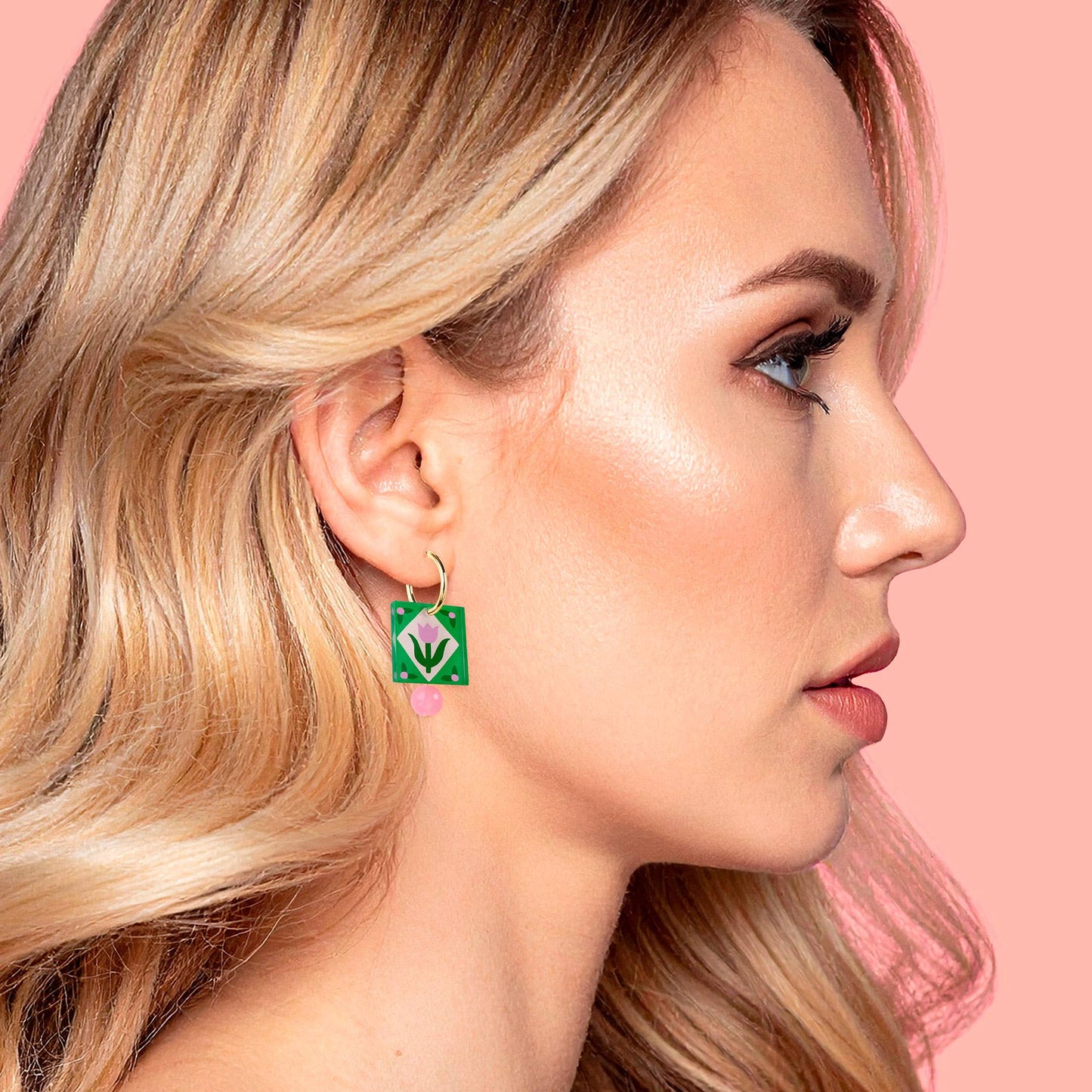 Hoop Earrings | Green Folk Floral Square Charm | Jewellery
