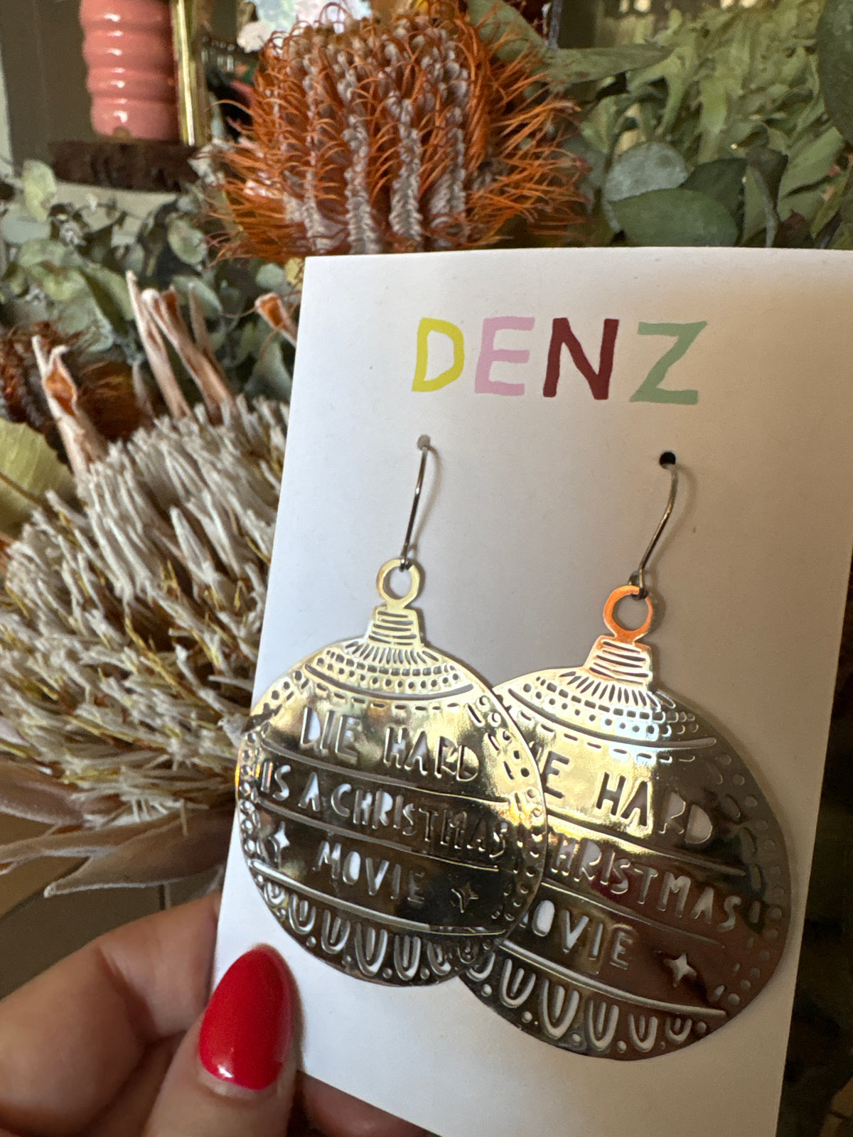 Denz earrings - Die Hard is a Christmas Movie (silver bauble)