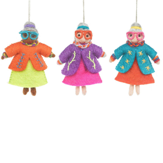 Handmade Felt Groovy Grannies Hanging Decoration: Various