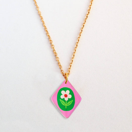Necklace | Colourful Floral Charm | Gold Plated Jewellery: Pink