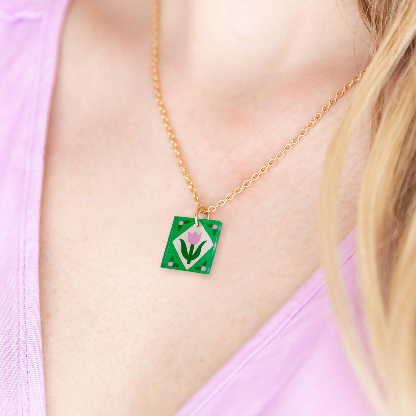 Necklace | Green Pink Floral Charm | Gold Plated Pendant