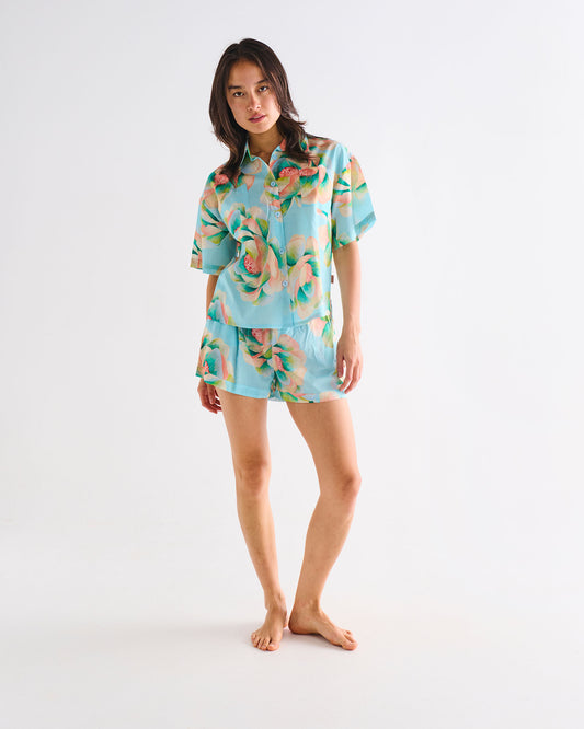 Kip and Co Organic Cotton Short Sleeve Shirt & Short Pyjama Set - Big Beauty Floral Blue