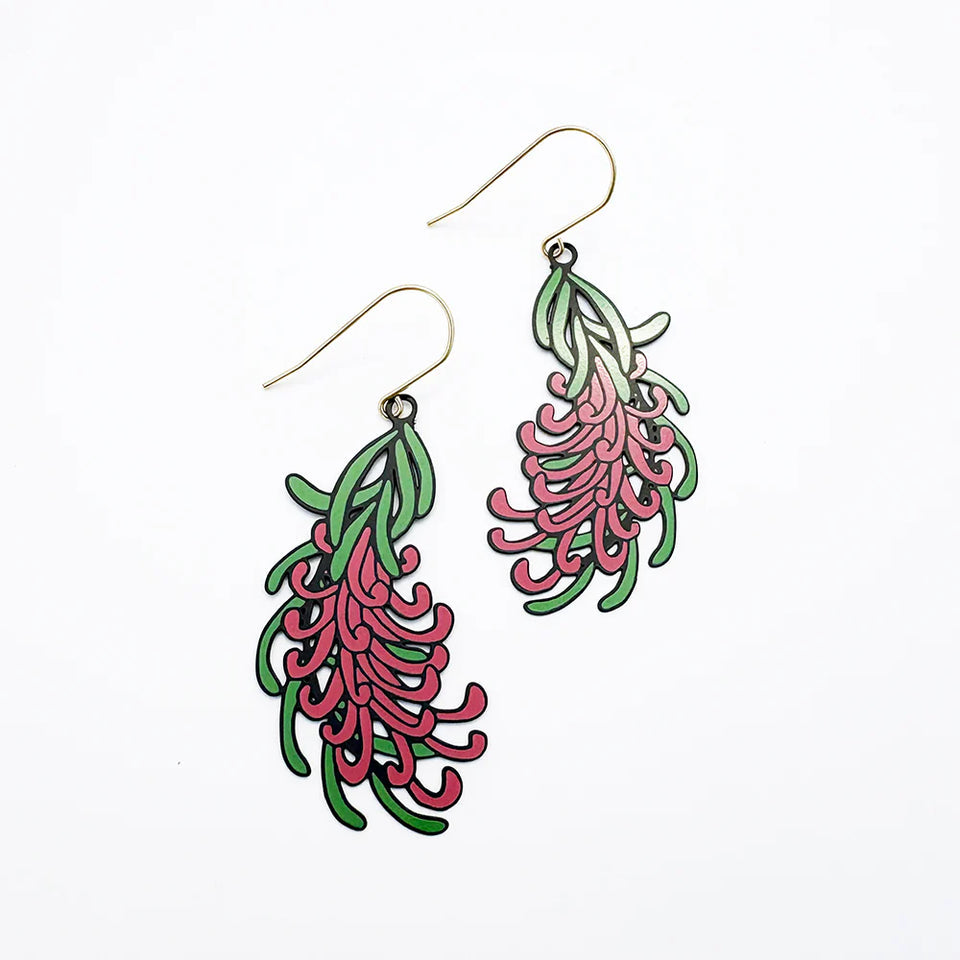 Denz earrings - Grevillea - Black/Green/Pink