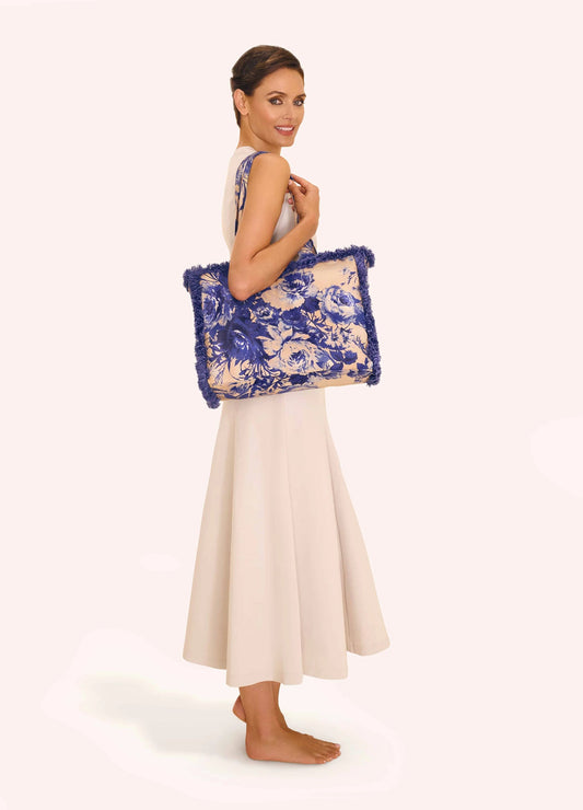POWDER Fringed Box Tote - China Blue Blooms