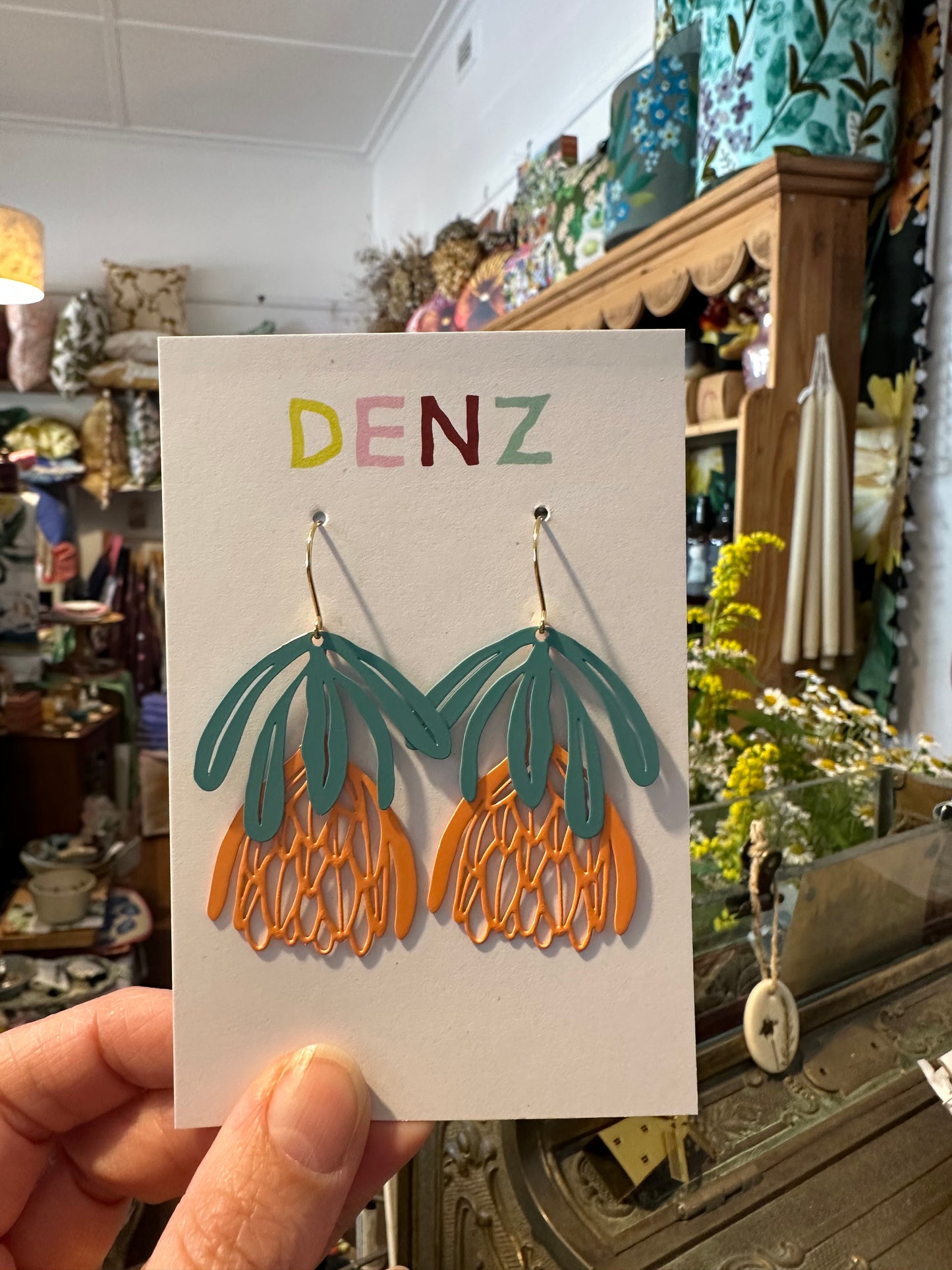 Denz earrings - Protea - Teal/Orange