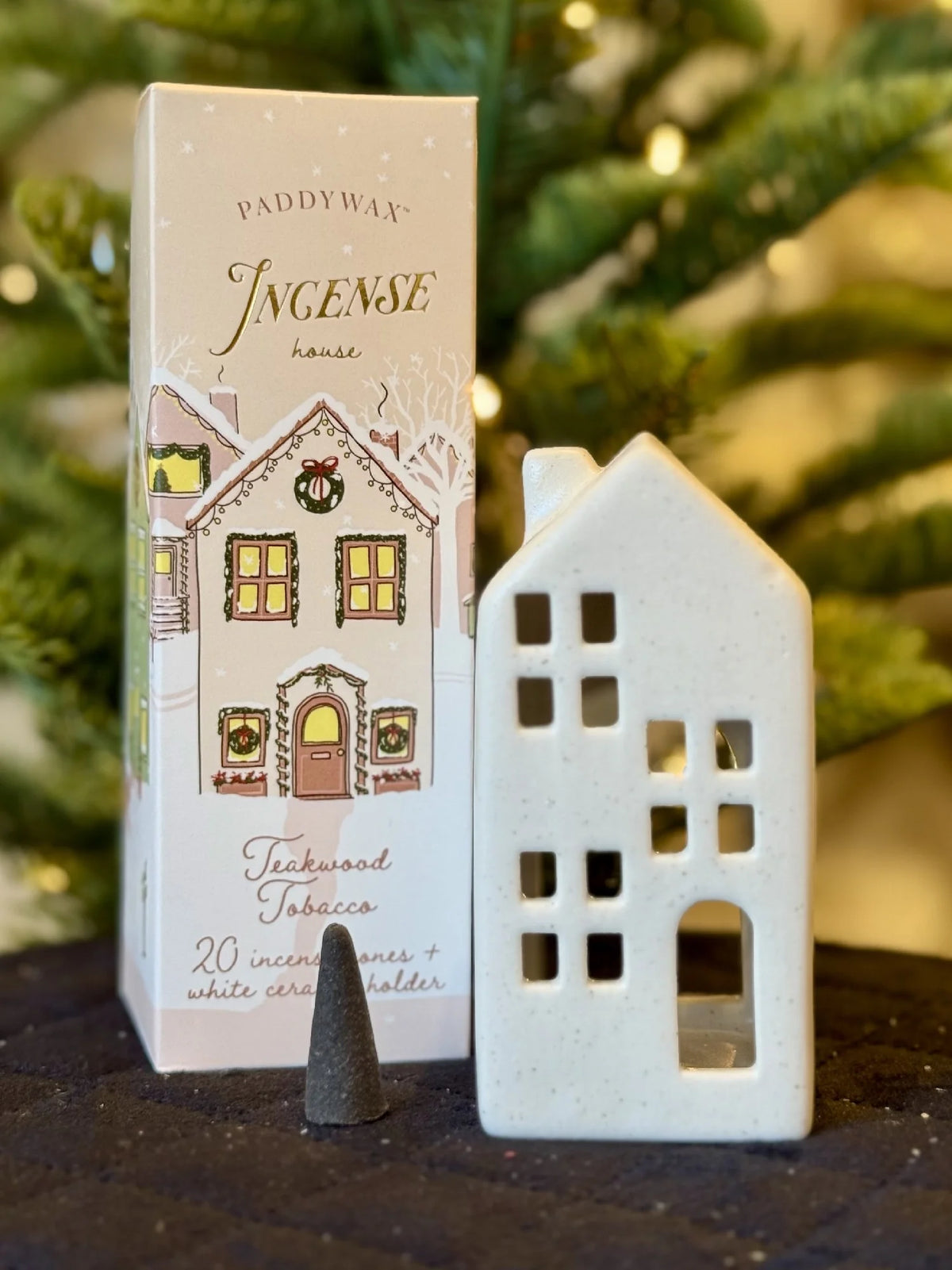 Paddywax Incense House - Teakwood + Tobacco with White Ceramic Holder