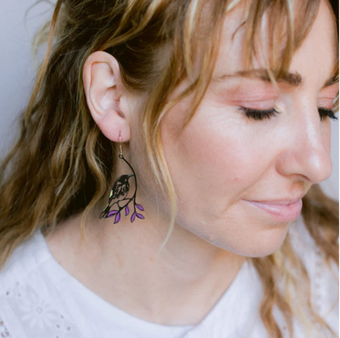 Denz earrings - Midi New Holland Honeyeater - Black/Yellow/Purple