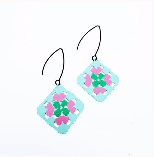 Denz earrings -Midi Granny Square Earrings - Aqua/Pink/Green