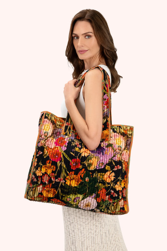 Powder Luxe Quilted Velvet Tote Bag - Midnight Posy
