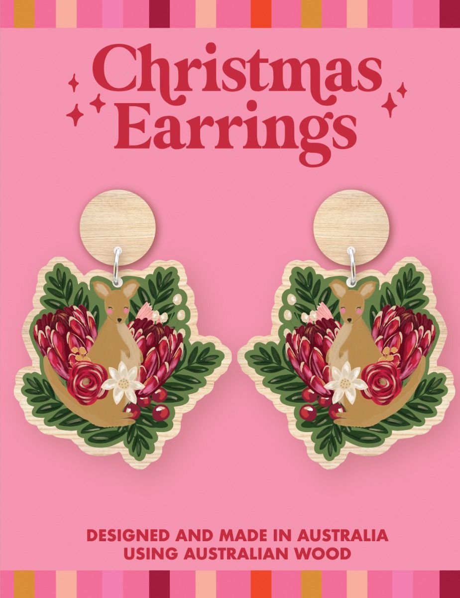 Australian Wood Christmas Earrings - Kanga Protea