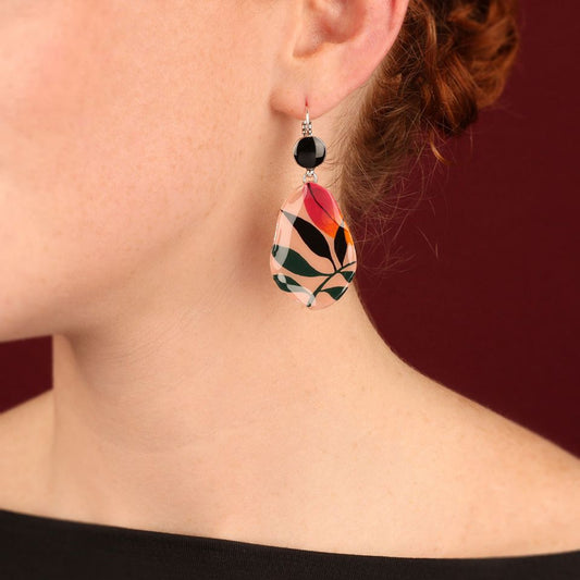 Taratata Jewellery - Amazone Large Leaf with Black Lever Back Earrings