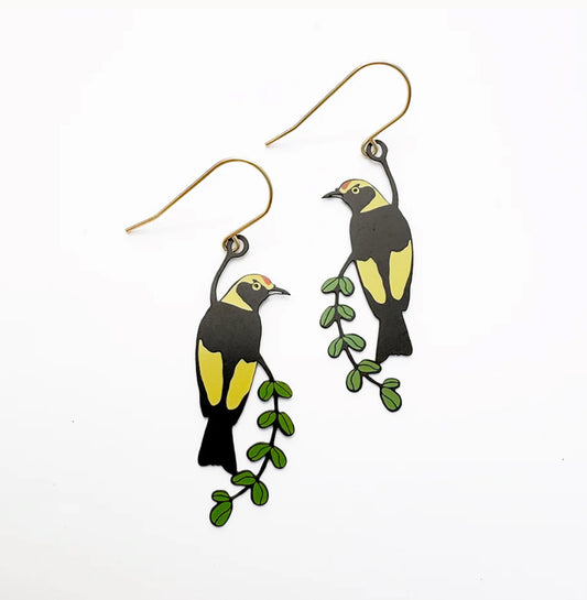 Denz earrings - Midi Regent Bowerbird - Black/Yellow/Green