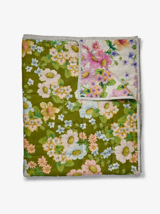 Bonnie and Neil Buttercup Olive Quilted Linen Throw