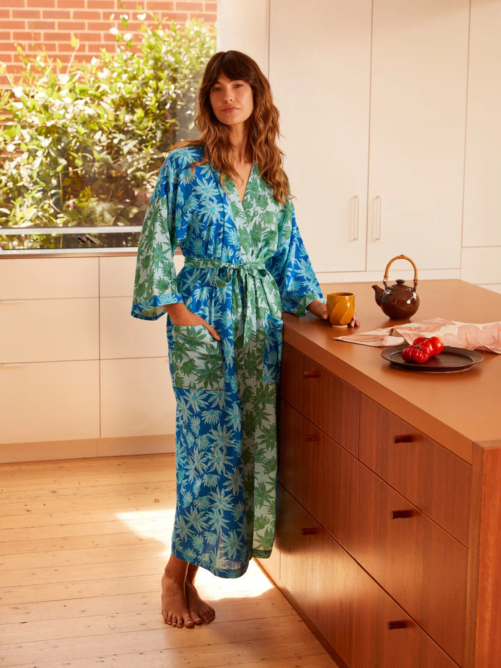 Bonnie and Neil Flannel Flower Blue Green Robe