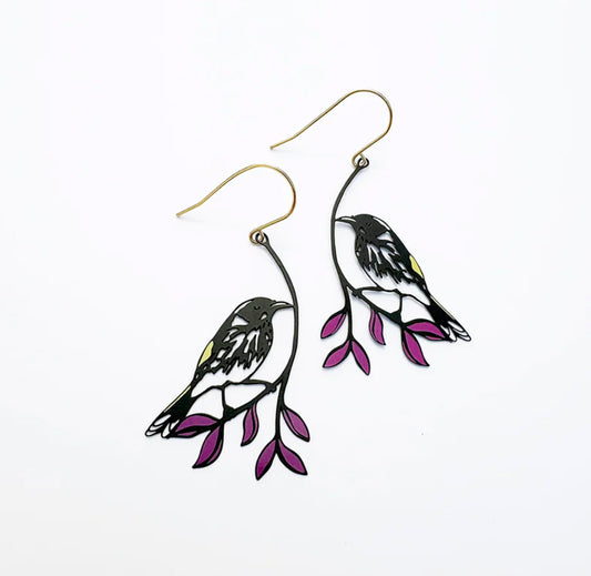 Denz earrings - Midi New Holland Honeyeater - Black/Yellow/Purple