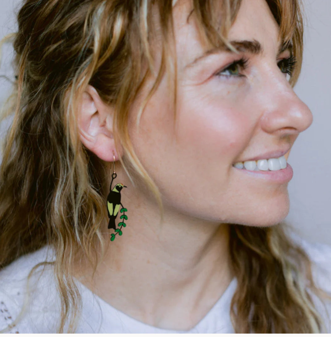 Denz earrings - Midi Regent Bowerbird - Black/Yellow/Green