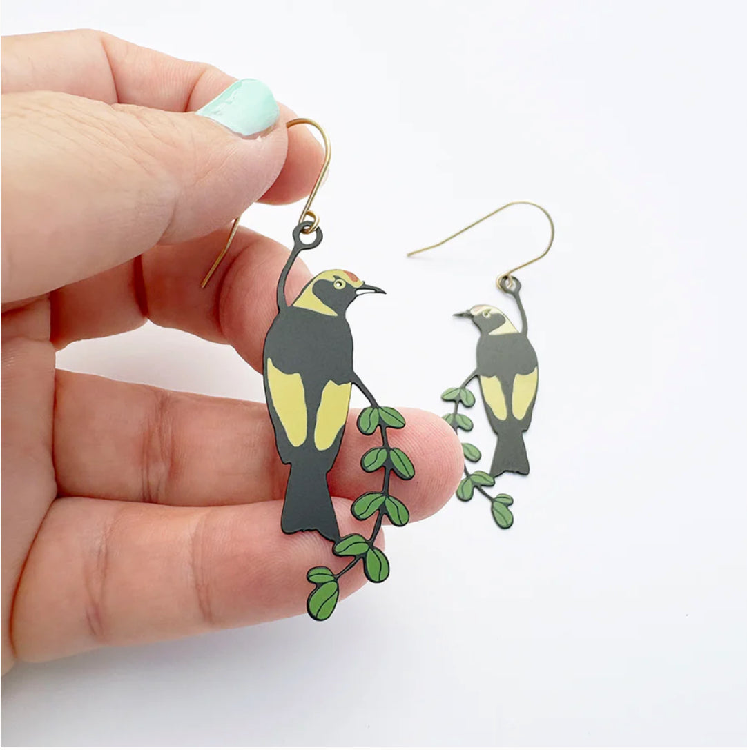 Denz earrings - Midi Regent Bowerbird - Black/Yellow/Green