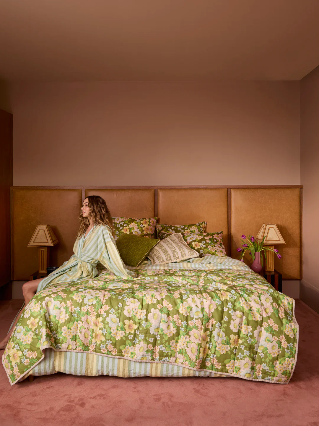 Bonnie and Neil Buttercup Olive Quilted Linen Throw