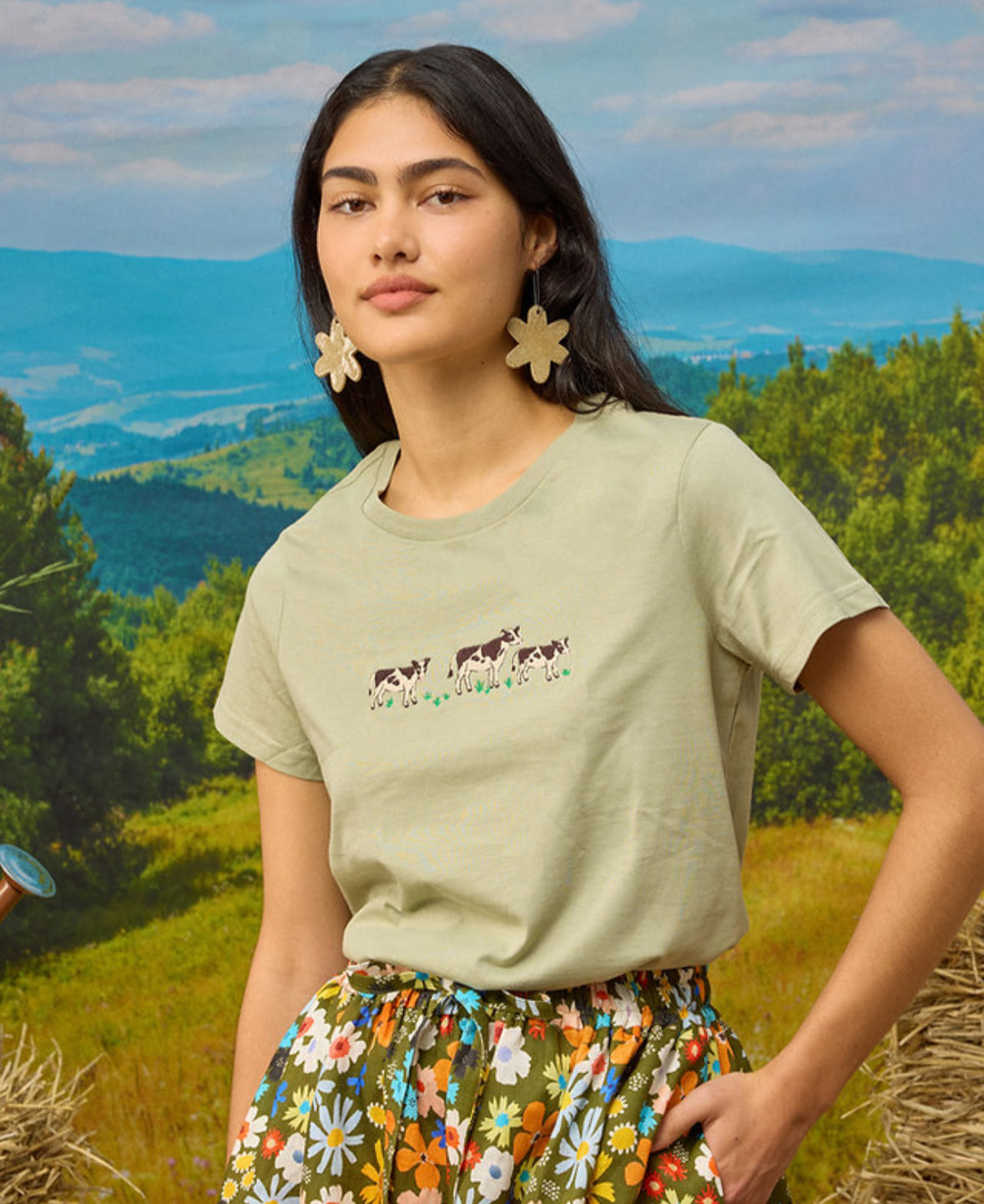 Togetherness Embroidered Cotton Tee - Cow Walk
