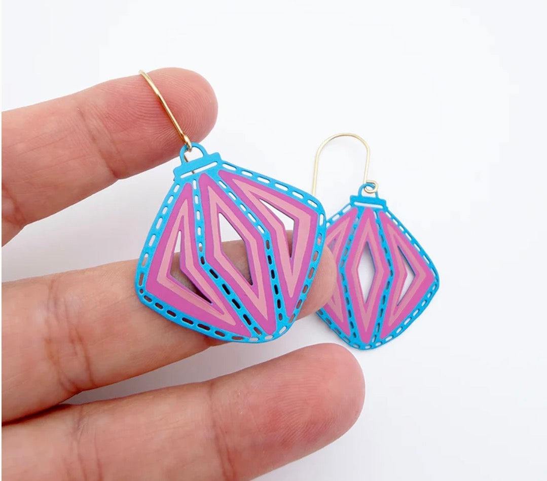Denz earrings - Vintage Christmas Bauble - blue and pink