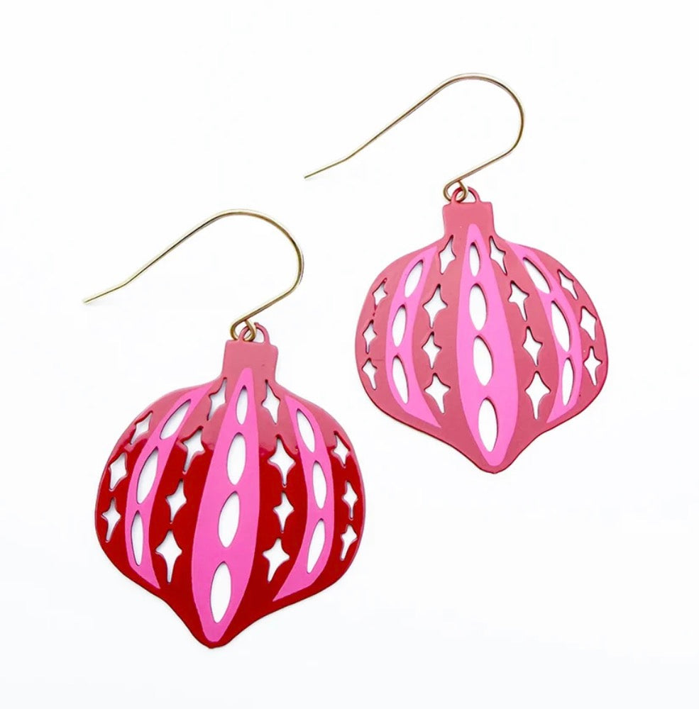 Denz earrings - Vintage Christmas Bauble - red and pink