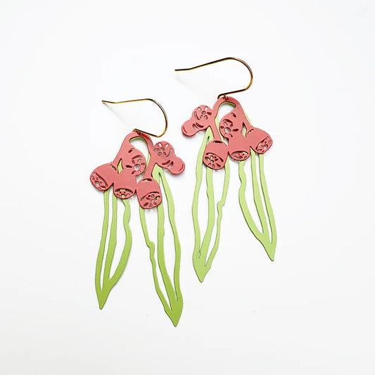 Denz earrings - Gumnut and Leaf - Green and Raspberry