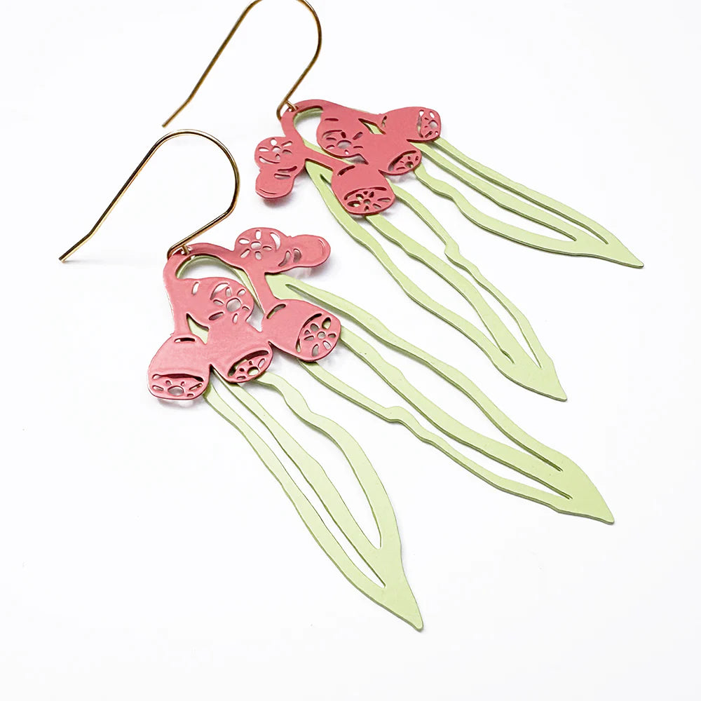 Denz earrings - Gumnut and Leaf - Green and Raspberry