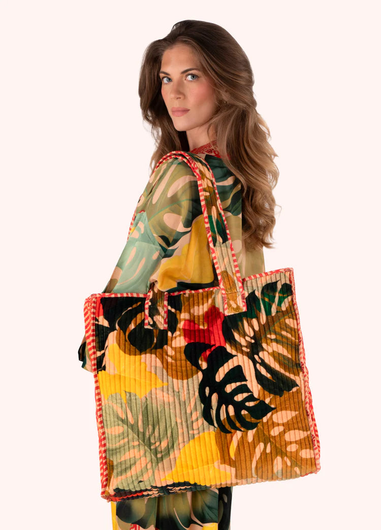 Powder Luxe Quilted Velvet Tote Bag - Exotic Leaves
