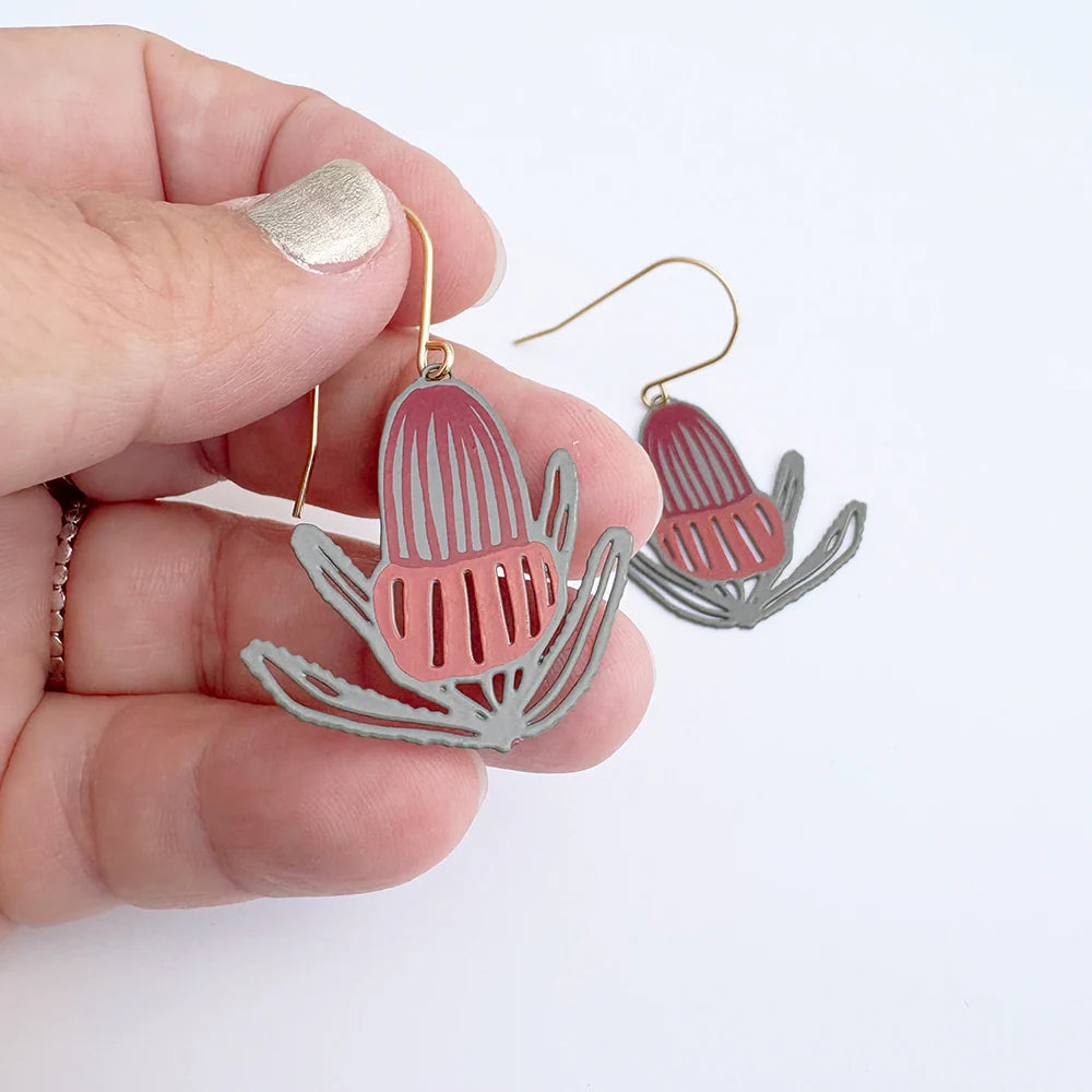 Denz earrings - Banksia Flower in Sage/Burnt Orange/Wine