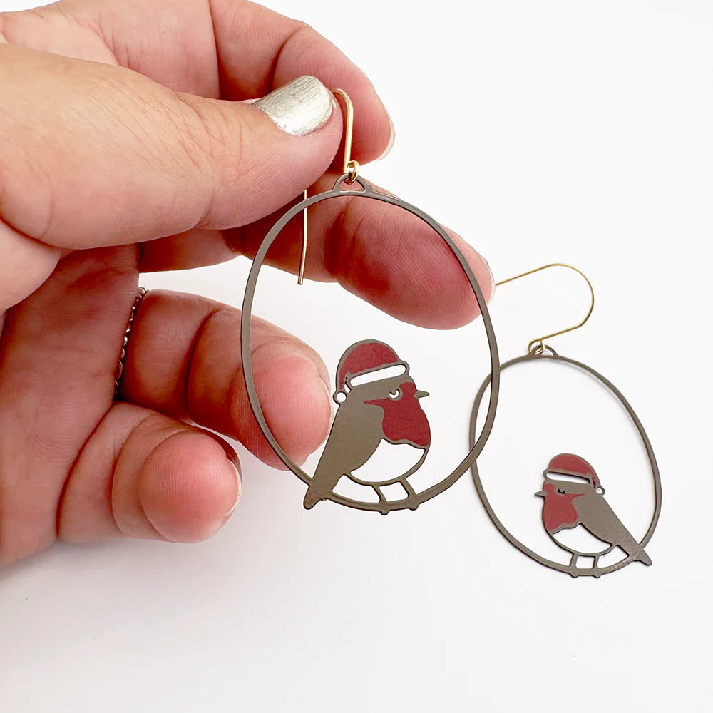 Denz Midi Red Robin Christmas Earrings