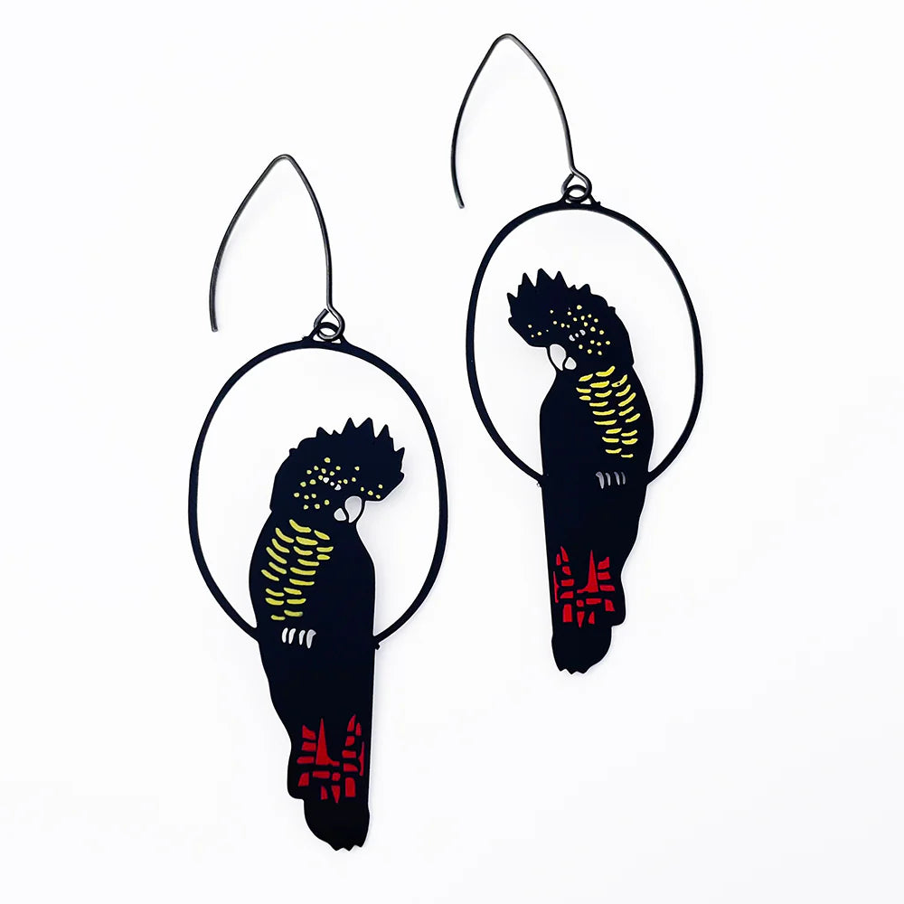 Denz earrings - Red Tailed Black Cockatoo