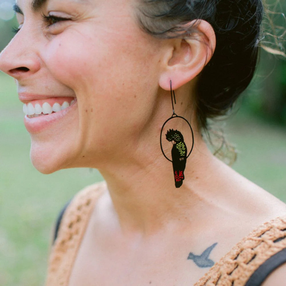 Denz earrings - Red Tailed Black Cockatoo