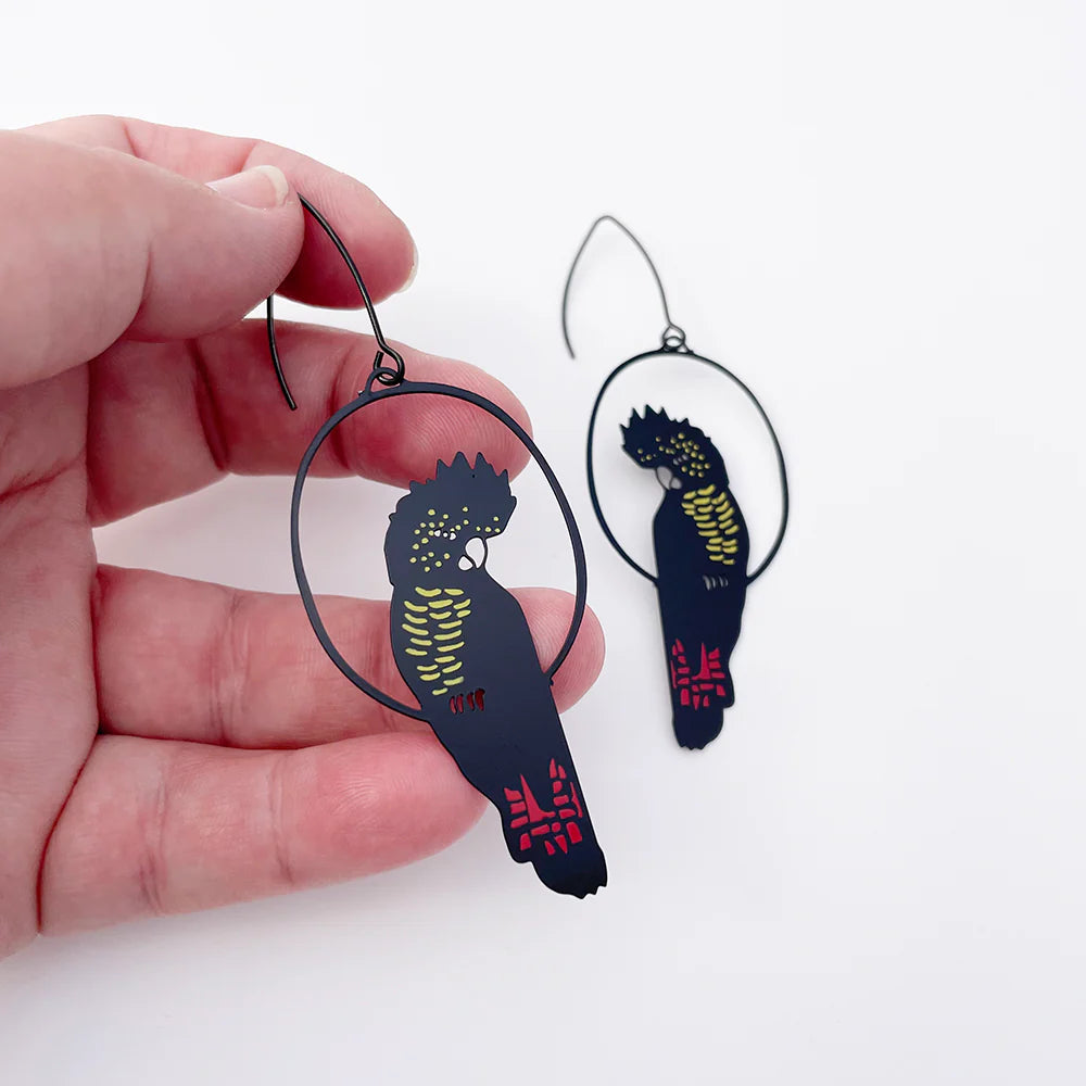 Denz earrings - Red Tailed Black Cockatoo