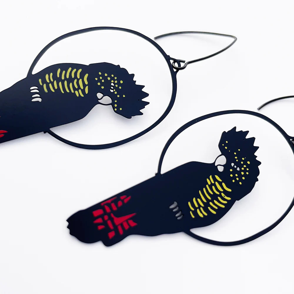 Denz earrings - Red Tailed Black Cockatoo