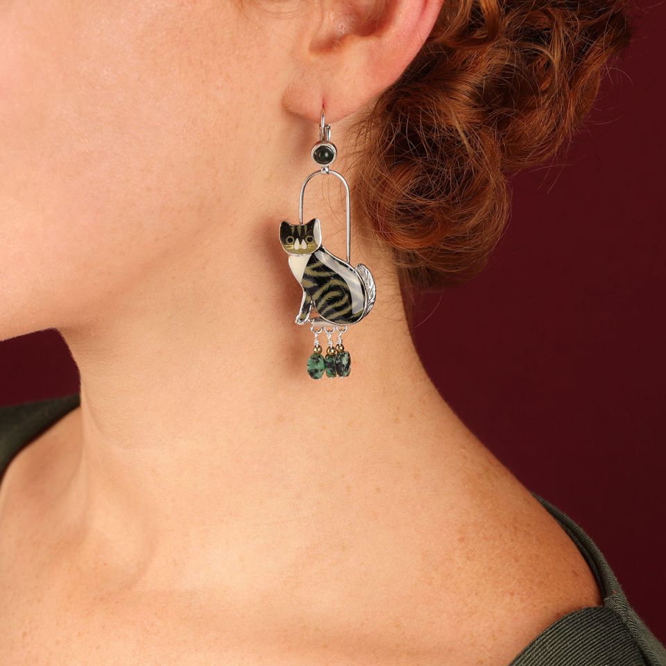 Taratata Jewellery - Tabby Cat Long Lever Back Earrings